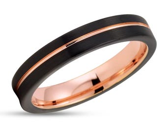 4mm Rose Gold Wedding Ring,Tungsten Carbide Ring,Engagement Ring,Black Wedding Ring,Center Groove,Comfort Fit,Flat Black Ring,Brush,Unisex