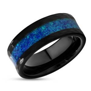 Opal Wedding Band,Black Tungsten Ring,8mm Wedding Ring,Hammered Edges,Unique Tungsten Ring,Comfort Fit,Man&#39;s Wedding Band,Woman&#39;s,Galaxy