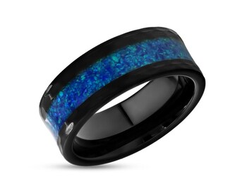 Alianza de ópalo, anillo de tungsteno negro, anillo de bodas de 8 mm, bordes martillados, anillo de tungsteno único, ajuste cómodo, alianza para hombre, para mujer, Galaxy