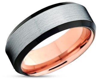 Black Tungsten Ring,Rose Gold Wedding Band,8mm & 6mm,Beveled Edges,Comfort Fit Ring,Anniversary Ring,Man's,Woman's Band,Silver Brush Ring