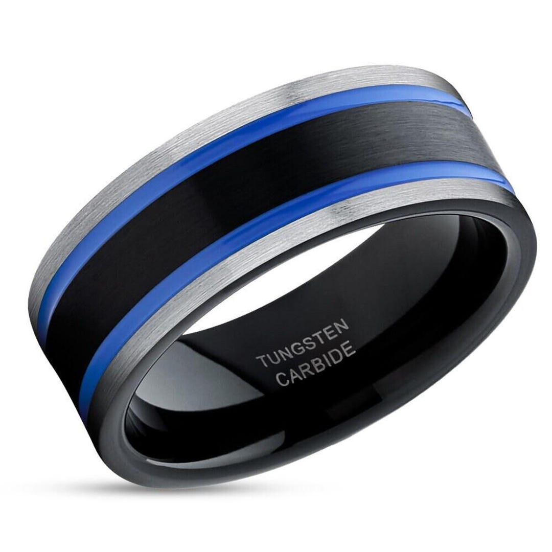 Blue Tungsten Ring,police Officer Ring,tungsten Carbide,man's Wedding ...