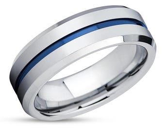 Blauwe wolfraam trouwring, zilveren wolfraamring, comfortabele pasvorm, afgeschuinde randen, unieke wolfraamring, man of vrouw, 8 mm trouwring, zilveren wolfraam