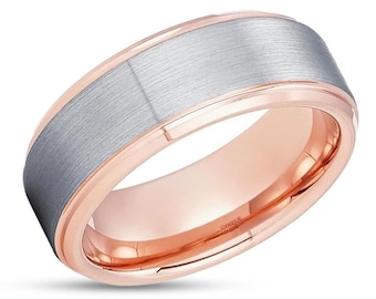 Rose Gold Tungsten Ring,Wedding Band,8mm & 6mm,Silver Wedding Band,Anniversary,Engagement,Beveled Edges,Comfort Fit,Brush Man&#39;s Ring,Woman&#39;s