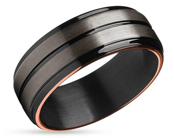 Black Gunmetal Ring,Tungsten Carbide Ring,Engagement,8mm & 6mm,Center Groove,Anniversary,Engagement,Man's Wedding Band,Woman's Wedding Ring