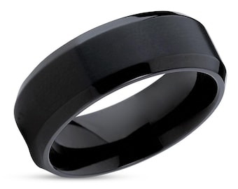 Zwarte titanium trouwring: 8 mm afgeschuinde band met comfortabele pasvorm, geborstelde afwerking, jubileum, verlovingsring, heren- of damesring