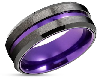 Gunmetal Wedding Ring,Purple Tungsten Ring,Man&#39;s Wedding Band,Anniversary Ring,Engagement,Beveled Edges,8mm Wedding Band,Comfort Fit,His Her