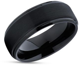 BlACK Tungsten Wedding Ring,Anniversary Ring,Engagement,Tungsten Carbide Ring,8mm & 6mm,Comfort Fit,Beveled Edges,Brush Ring,Wedding Band