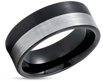 8mm Man's Black Ring,Anniversary Ring,Engagement Band,Unique Silver Ring,Tungsten Carbide,Flat Black Ring,Brush Tungsten Band,Comfort Fit