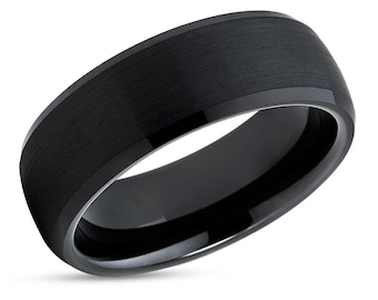 Anillo de tungsteno negro para parejas, 8 mm y 6 mm, anillo de bodas negro, aniversario, compromiso, anillo de carburo de tungsteno, anillo de tungsteno único, banda biselada, cúpula