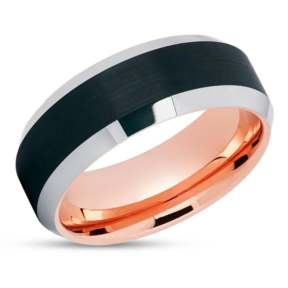 Black Tungsten Wedding Ring,Rose Gold,Beveled Edges,Tungsten Carbide Ring,Unique Wedding Band,Man's Wedding Ring,Beveled Edges,Brush Band