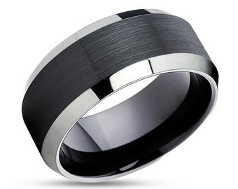 10mm Black Tungsten Ring,Engagement Ring,Tungsten Carbide,Silver Beveled Edges,Unique Wedding Ring,Man&#39;s Ring,Woman&#39;s Ring,Comfort Fit,Brush