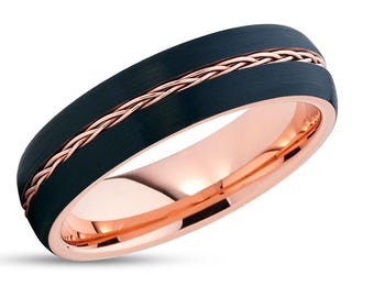Braid Wedding Ring,Rose Gold,Black Tungsten Ring,Anniversary Ring,Engagement,Anniversary Ring,Comfort Fit,Men&#39;s,Women&#39;s,8mm,6mm,Dome