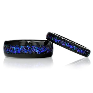 Galaxy Opal Tungsten Wedding Band Set: Black Dome Rings
