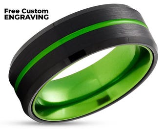 Green Tungsten Ring,Black Tungsten Ring,Men's & Women's,Beveled Edges,Anniversary Band,Center Green Groove,Comfort Fit Band,Brush Black