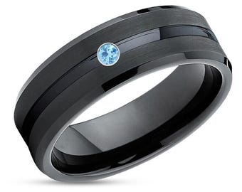 Aquamarine Wedding Band,Black Tungsten Ring,Tungsten Carbide,Man&#39;s Wedding Band,Woman&#39;s Ring,Comfort Fit,Beveled Edges,Brush Center,Unisex