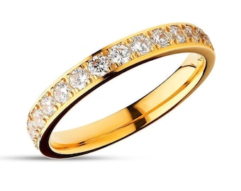 3mm Women's Gold Titanium Engagement Ring - Cubic Zirconia Eternity Wedding Band