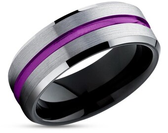 Anel masculino de tungstênio, aliança de casamento roxa, carboneto de tungstênio, anel de noivado, anel de tungstênio exclusivo, ajuste confortável, aliança de casamento masculina, bordas chanfradas