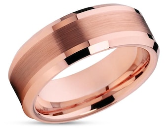 Rose Gold Tungsten Ring,Beveled Edges,Man&#39;s Wedding Band,8mm Ring,6mm Band,Brush Center,Wedding Band,Anniversary & Engagement,Comfort Fit