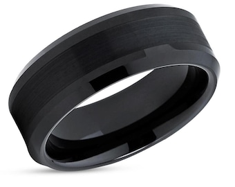 Anillo de bodas negro, alianza biselada, carburo de tungsteno negro, anillo de aniversario, compromiso, 8 mm, 6 mm, ajuste cómodo, anillo para mujer, anillo para hombre, cepillado