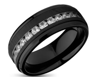 Man's Wedding Ring,Titanium Wedding Band,Black,Anniversary Ring,Engagement,Black Wedding Ring,Comfort Fit,Beveled Edges,CZ Wedding Band