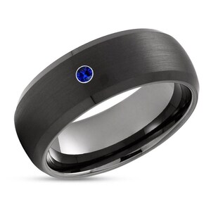 Black Tungsten Wedding Band: Beveled Edge Ring with Blue Sapphire