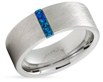 Opal Wedding Band,Tungsten Carbide Ring,Silver Tungsten Ring,8mm Wedding Ring,Anniversary,Engagement,Tungsten Carbide,Comfort fit Ring,Flat