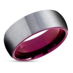 Purple Wedding Band,Silver Tungsten Ring,Dome Wedding Band,Anniversary Ring,Engagement & Anniversary,Tungsten Carbide,Comfort Fit,His Hers
