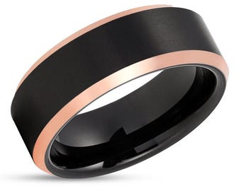 Black Tungsten Ring,8mm Wedding Band,6mm,Rose Gold,Unique Tungsten Ring,Brush Finish,Beveled Edges,Comfort Fit,Men's,Women's,Anniversary