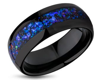 Galaxy Opal Wedding Band,Black Tungsten Ring,8mm Wedding Ring,Tungsten Carbide,Engagement & Anniversary,Dome Wedding Ring,Black Wedding Band
