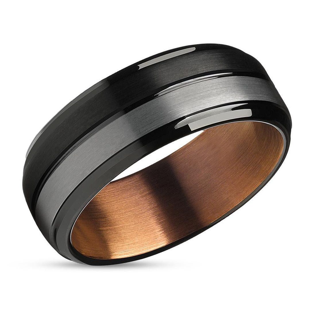NUNCAD Men's Brown & Rose Gold Tungsten Carbide Ring – Center Groove Design With Beveled Edges For Comfort Fit Wedding Band - View #14