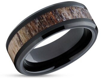 Anillo de bodas de asta de ciervo, anillo de tungsteno negro, aniversario y compromiso, anillo de bodas de cazador, anillo de tungsteno único, ajuste cómodo, asta natural