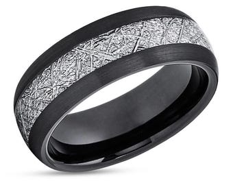 Meteorite Wedding Ring,Black Wedding Band,8mm Tungsten Band,Anniversary Ring,Engagement,Man's Wedding Band,Comfort Fit Ring,Dome Band