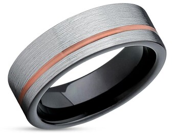 Man's Wedding Ring,Tungsten Carbide Ring,Engagement,Offset Groove,Brush Wedding Ring,Unique Wedding Ring,Anniversary,Rose Gold,Black RING