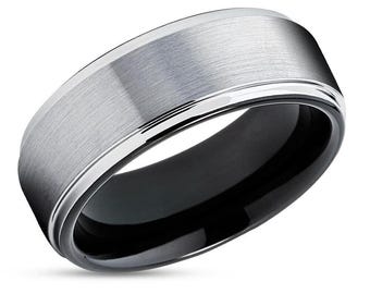 Anillo de bodas para hombre, tungsteno negro, 8 mm y 6 mm, carburo de tungsteno, anillo de compromiso, aniversario, tungsteno plateado, ajuste cómodo, anillo cepillado.
