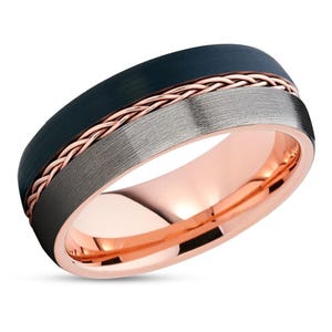 Braid Wedding Band,Rose Gold Wedding Ring,Tungsten Carbide,Engagement,Anniversary,Comfort Fit Ring,Brush Dome Ring,8mm,6mm Ring,Gunmetal