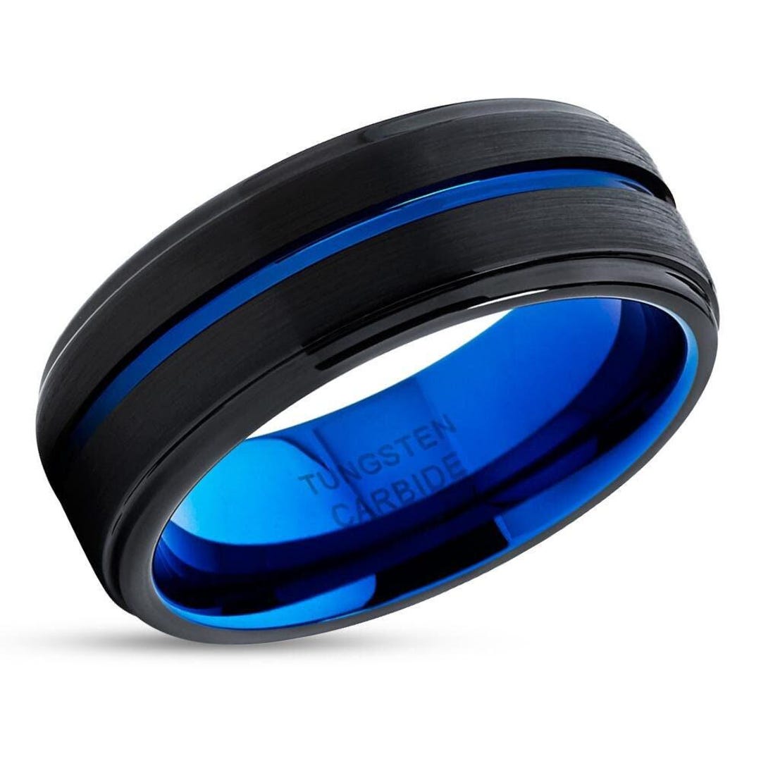 4mm Wide Tungsten Carbide Wedding Band – Brushed Black With Blue Interior, Comfort Fit, Sizes 5-12 - View #2