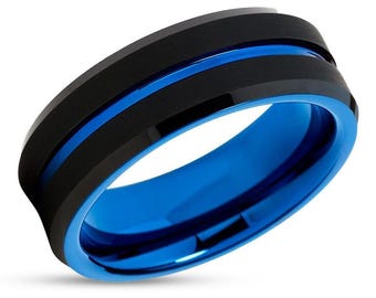 Blue Wedding Ring,Black Tungsten Ring,Tungsten Carbide Ring,Engagement Ring,Anniversary,Beveled Edges,Black Tungsten Ring,Comfort Fit Ring