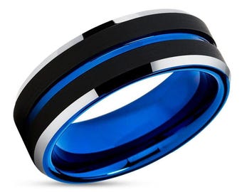 Blue Tungsten Ring,Black Wedding Band,Tungsten Carbide,Silver Tungsten Ring,Engagement Ring,Anniversary,Comfort Fit,Unique Wedding Ring