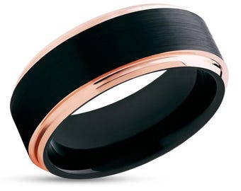 Alianza de boda negra, oro rosa, bordes biselados, anillo de carburo de tungsteno, aniversario, compromiso, anillo de tungsteno único, para hombre o mujer, ajuste cómodo.