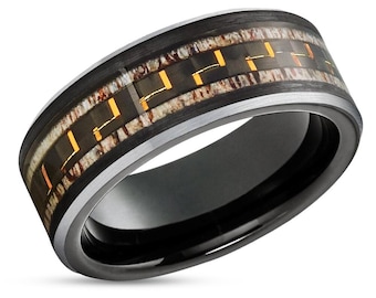 Black Tungsten Wedding Ring,8mm Wedding Ring,Deer Antler Wedding Band,Carbon Fiber Ring,Man's Wedding Band,Unique Style Ring,Beveled Ring