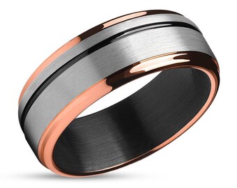 Anillo de bodas de tungsteno en oro rosa, ranura descentrada, anillo de carburo de tungsteno, compromiso, anillo de bodas para hombre, anillo de tungsteno único, para él y para ella, plata
