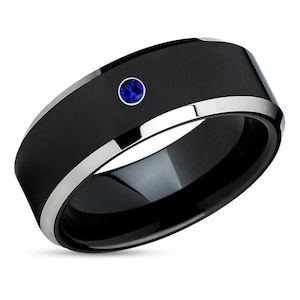 Blue Sapphire Wedding Band,Black Tungsten Ring,Beveled Edges,8mm Wedding Ring,6mm Wedding Band,Tungsten Carbide Ring,Engagement Band,Black