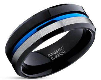 Black Wedding Bands,Shiny,Tungsten Carbide Ring,Engagement,Anniversary,Beveled Edges,Blue Groove,Man's Wedding Band,Woman's Ring,Comfort Fit