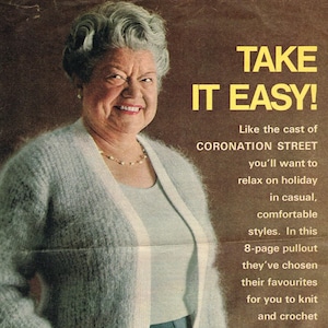 May include: Vintage magazine cover from August 31, 1968, featuring a woman wearing a light blue cardigan with white trim and pockets. The text reads "TAKE IT EASY!" and promotes knitting and crochet patterns.