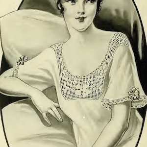 May include: An illustration of a woman in a white nightgown with a crocheted neckline and sleeves. The nightgown has a delicate floral design on the sleeves. The woman is sitting on a pillow, with her hair styled in an updo.
