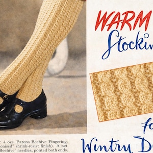May include: An advertisement for warm, knitted stockings for winter days. The image shows a pair of beige stockings with a cable knit pattern, worn with black shoes. Text reads "WARM Stockings for Wintry Days."