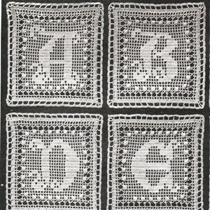 May include: Four square white crochet doilies featuring intricate needlework patterns. Each piece displays a distinct central letter formed by dense stitching, surrounded by a delicate openwork grid border and small decorative bobble accents.