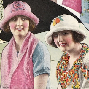 May include: Vintage image featuring two women wearing cloche hats. One hat is pink with a decorative top, the other is white with a fruit design. Both women are wearing scarves and sweaters, showcasing early 20th-century fashion.