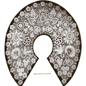 May include: An Irish crochet lace collar with intricate floral and geometric patterns. The white lace is set against a dark background, showcasing the detailed craftsmanship. The collar features a variety of shapes, including flowers, spirals, and leaves.