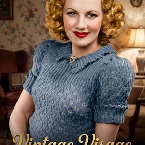 Peut inclure: Une femme aux cheveux blonds bouclés et au rouge à lèvres rouge porte un pull en tricot bleu avec un col décoratif et une broche. Le texte "Vintage Visage" est affiché en script doré en bas de l'image. L'arrière-plan comprend du papier peint floral et des meubles vintage.